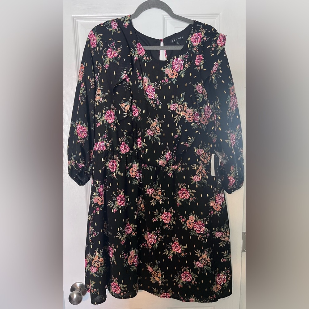 NWT As U Wish Floral Knee Length Long Sleeve Dress 2X